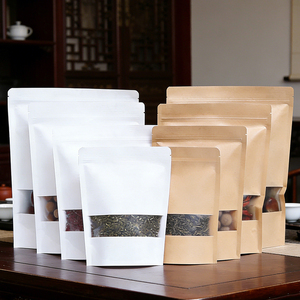 In Stock Clear Window Kraft Paper Stand Up Ziplock Pouches Food Grade Storage Bags For Coffee Tea Snack Custom Logo Available